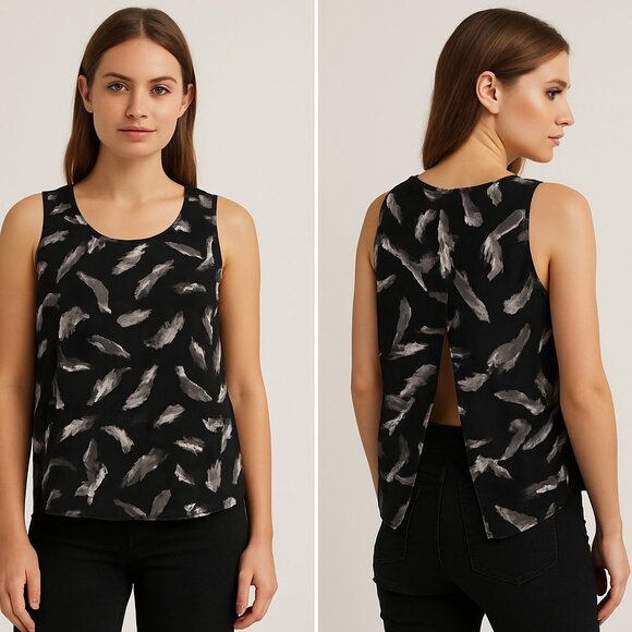 Express XS Feather Print Split Back Tank Top – Black & White Chiffon, Lightweigh - Picture 1 of 9